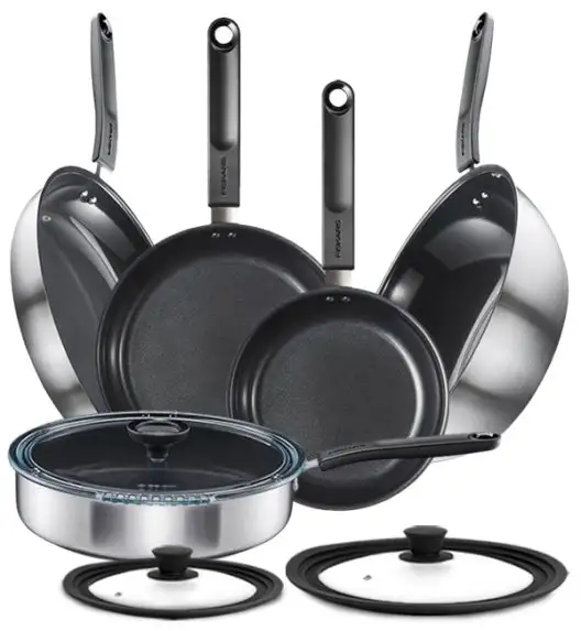 FISKARS FUNCTIONAL FORM Komplet patelni 20, 24, 28 cm + pokrywki silikonowe TADAR + Patelnia szefa + Wok / powłoka Ceratec™
