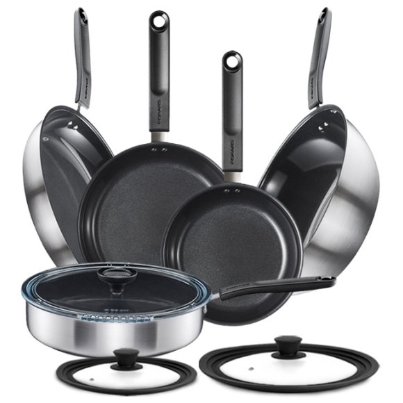 FISKARS FUNCTIONAL FORM Komplet patelni 20, 24, 28 cm + pokrywki silikonowe TADAR + Patelnia szefa + Wok / powłoka Ceratec™