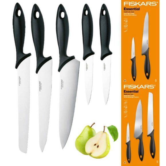 FISKARS ESSENTIAL Komplet 5 noży (kuchenne +Szefa) w pudełku