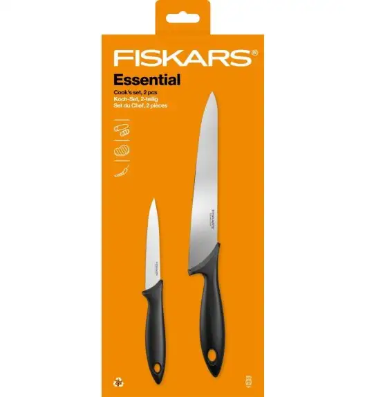 FISKARS ESSENTIAL Komplet 5 noży (kuchenne +Szefa) w pudełku + Ostrzałka ESSENTIAL