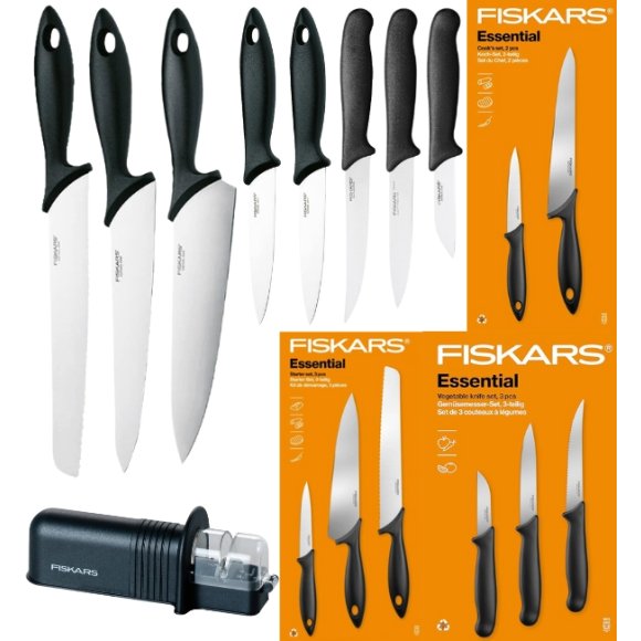 FISKARS ESSENTIAL Komplet 8 noży (kuchenne +Szefa +do warzyw) w pudełku / stal nierdzewna HRC 53 + Ostrzałka ESSENTIAL