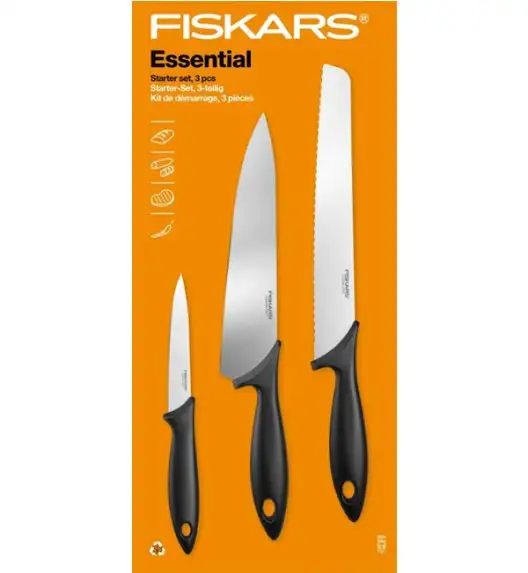 FISKARS ESSENTIAL Komplet 11 noży (kuchenne +Szefa+do obierania+do warzyw) w pudełku + Ostrzałka ESSENTIAL