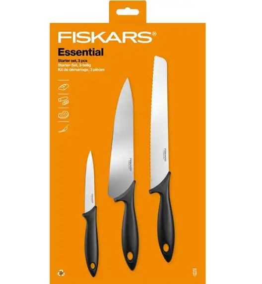 FISKARS ESSENTIAL Zestaw 6 noży (kuchenne +do warzyw) w pudełku / stal nierdzewna HRC 53 + Ostrzałka ESSENTIAL