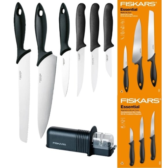 FISKARS ESSENTIAL Zestaw 6 noży (kuchenne +do warzyw) w pudełku / stal nierdzewna HRC 53 + Ostrzałka ESSENTIAL