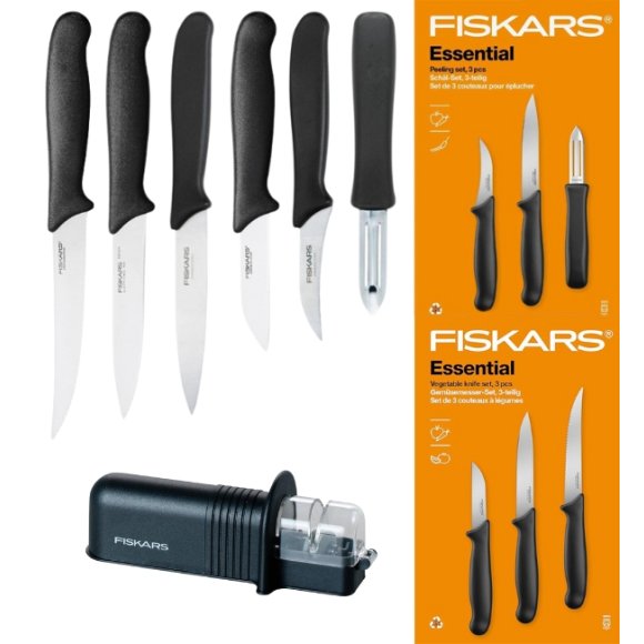 FISKARS ESSENTIAL Komplet 6 noży (do warzyw i do obierania) / stal nierdzewna HRC 53 + Ostrzałka ESSENTIAL