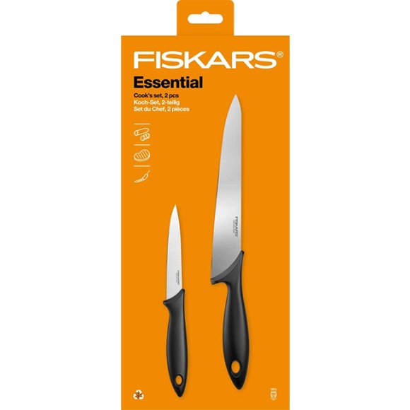 FISKARS ESSENTIAL Komplet 5 noży (kuchenne +do warzyw) w pudełku | stal nierdzewna HRC 53 + Ostrzałka ESSENTIAL