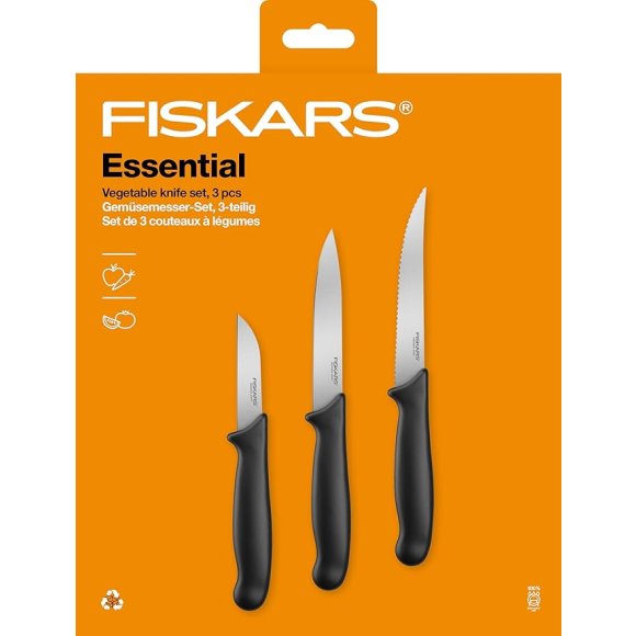 FISKARS ESSENTIAL Komplet 5 noży (kuchenne +do warzyw) w pudełku | stal nierdzewna HRC 53 + Ostrzałka ESSENTIAL