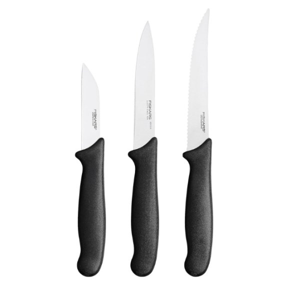 FISKARS ESSENTIAL Komplet 5 noży (kuchenne +do warzyw) w pudełku | stal nierdzewna HRC 53 + Ostrzałka ESSENTIAL