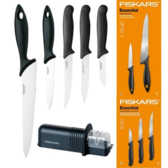 FISKARS ESSENTIAL Komplet 5 noży (kuchenne +do warzyw) w pudełku | stal nierdzewna HRC 53 + Ostrzałka ESSENTIAL