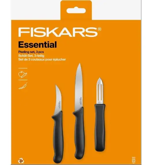 FISKARS ESSENTIAL Komplet 8 noży (kuchenne +do warzyw +do obierania) w pudełku + Ostrzałka ESSENTIAL