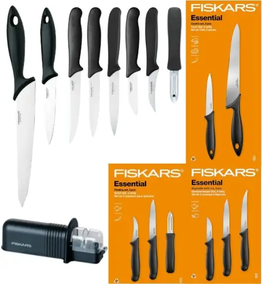 FISKARS ESSENTIAL Komplet 8 noży (kuchenne +do warzyw +do obierania) w pudełku + Ostrzałka ESSENTIAL
