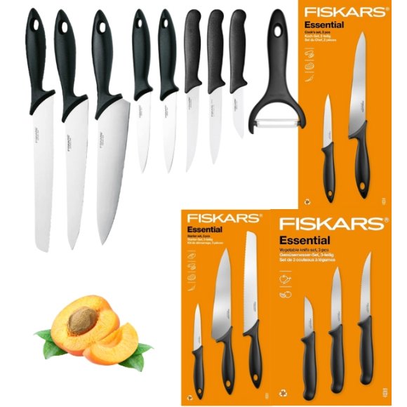 FISKARS ESSENTIAL Komplet 8 noży (kuchenne +Szefa +do warzyw) w pudełku / stal nierdzewna HRC 53 + Skrobaczka ESSENTIAL