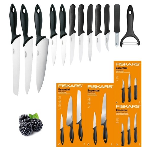 FISKARS ESSENTIAL Komplet 11 noży (kuchenne +Szefa+do obierania+do warzyw) w pudełku + Skrobaczka ESSENTIAL