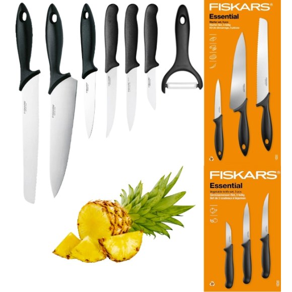 FISKARS ESSENTIAL Zestaw 6 noży (kuchenne +do warzyw) w pudełku / stal nierdzewna HRC 53 + Skrobaczka ESSENTIAL
