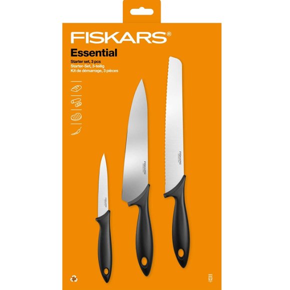 FISKARS ESSENTIAL Zestaw 9 noży (kuchenne +do warzyw +do obierania) w pudełku / stal nierdzewna + Skrobaczka ESSENTIAL