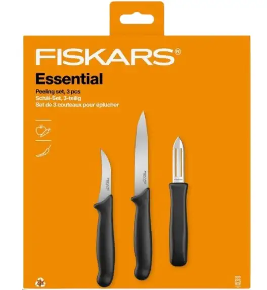 FISKARS ESSENTIAL Zestaw 9 noży (kuchenne +do warzyw +do obierania) w pudełku / stal nierdzewna + Skrobaczka ESSENTIAL