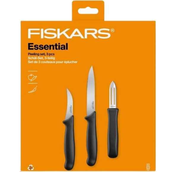 FISKARS ESSENTIAL Zestaw 9 noży (kuchenne +do warzyw +do obierania) w pudełku / stal nierdzewna + Skrobaczka ESSENTIAL
