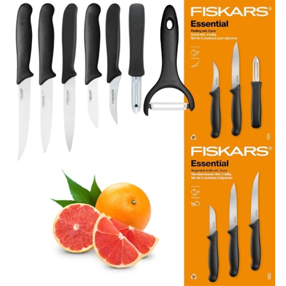 FISKARS ESSENTIAL Komplet 6 noży (do warzyw i do obierania) / stal nierdzewna HRC 53 + Skrobaczka ESSENTIAL