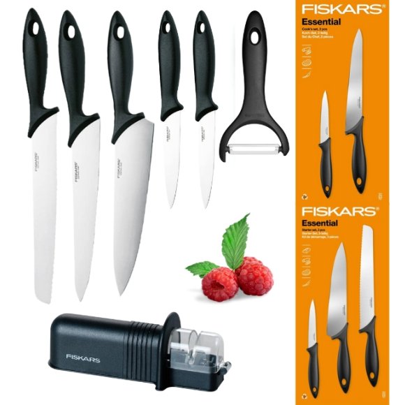 FISKARS ESSENTIAL Komplet 5 noży (kuchenne +Szefa) w pudełku + Ostrzałka + Skrobaczka ESSENTIAL