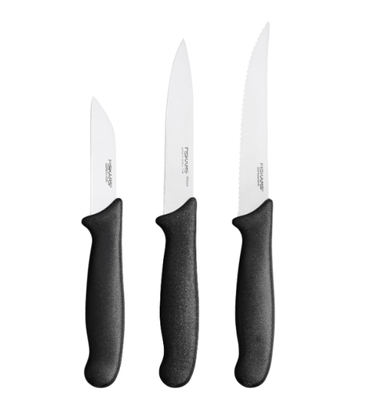 FISKARS ESSENTIAL Komplet 8 noży (kuchenne +Szefa +do warzyw) w pudełku / stal nierdzewna HRC 53 + Ostrzałka + Skrobaczka ESSENTIAL
