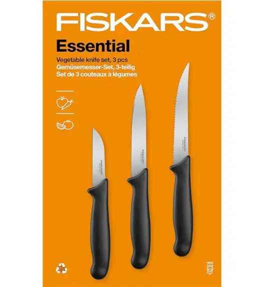 FISKARS ESSENTIAL Komplet 11 noży (kuchenne +Szefa+do obierania+do warzyw) w pudełku + Ostrzałka + Skrobaczka ESSENTIAL