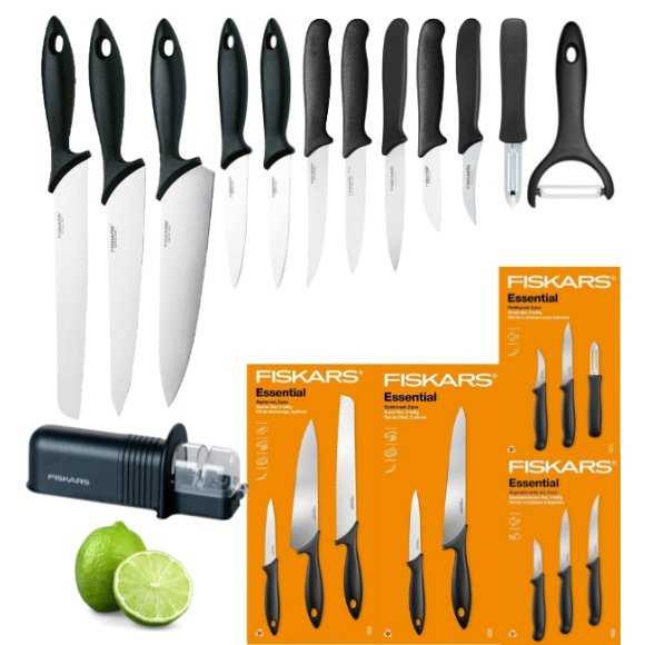 FISKARS ESSENTIAL Komplet 11 noży (kuchenne +Szefa+do obierania+do warzyw) w pudełku + Ostrzałka + Skrobaczka ESSENTIAL