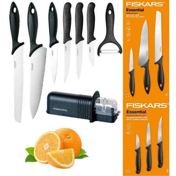 FISKARS ESSENTIAL Zestaw 6 noży (kuchenne +do warzyw) w pudełku / stal nierdzewna HRC 53 + Ostrzałka + Skrobaczka ESSENTIAL