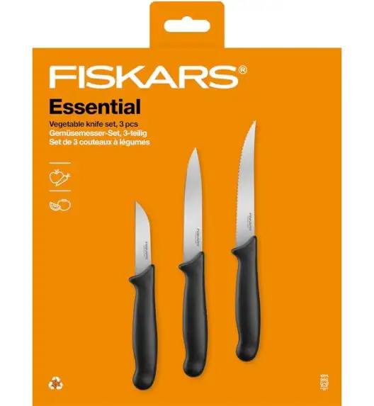 FISKARS ESSENTIAL Zestaw 9 noży (kuchenne +do warzyw +do obierania) w pudełku + Ostrzałka + Skrobaczka ESSENTIAL