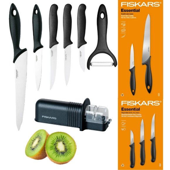 FISKARS ESSENTIAL Komplet 5 noży (kuchenne +do warzyw) w pudełku | stal nierdzewna HRC 53 + Ostrzałka + Skrobaczka ESSENTIAL