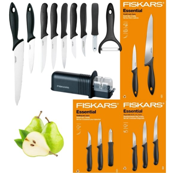 FISKARS ESSENTIAL Komplet 8 noży (kuchenne +do warzyw +do obierania) w pudełku + Ostrzałka + Skrobaczka ESSENTIAL