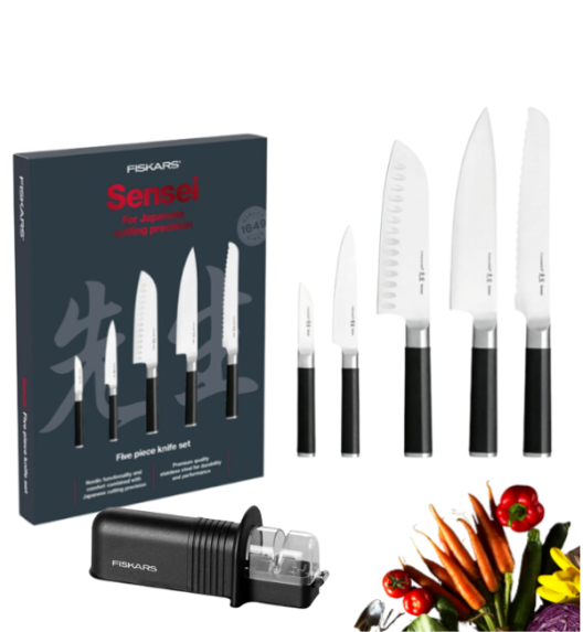 FISKARS SENSEI 1025845 Komplet 5 noży kuchennych w pudełku / stal nierdzewna + ostrzałka Essential