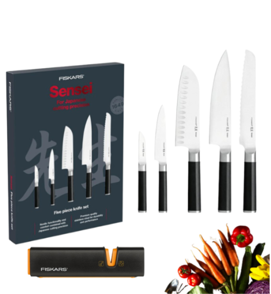 FISKARS SENSEI 1025845 Komplet 5 noży kuchennych w pudełku / stal nierdzewna + ostrzałka EDGE