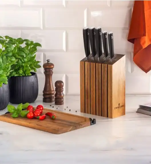 ZWIEGER MAGNETO Komplet 5 noży w bloku drewnianym / stal nierdzewna + drewno akacjowe + ostrzałka koopman