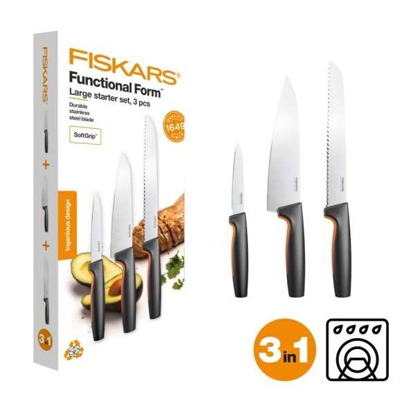 FISKARS FUNCTIONAL FORM 1057559+1057561 Komplet 6 noży kuchennych (3+3) w pudełkach + ostrzałka ESSENTIAL