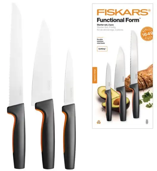 FISKARS FUNCTIONAL FORM 1057559+1057561 Komplet 6 noży kuchennych (3+3) w pudełkach + ostrzałka ESSENTIAL