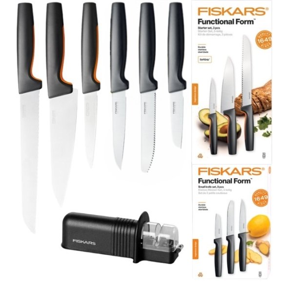 FISKARS FUNCTIONAL FORM 1057559+1057561 Komplet 6 noży kuchennych (3+3) w pudełkach + ostrzałka ESSENTIAL