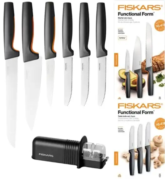 FISKARS FUNCTIONAL FORM 1057559+1057562 Komplet 6 noży kuchennych (3+3) w pudełkach + ostrzałka ESSENTIAL