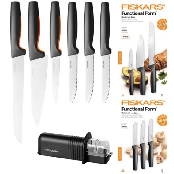 FISKARS FUNCTIONAL FORM 1057559+1057562 Komplet 6 noży kuchennych (3+3) w pudełkach + ostrzałka ESSENTIAL
