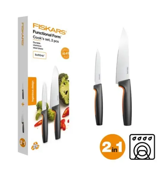 FISKARS FUNCTIONAL FORM 1057557+1057562 Komplet 5 noży kuchennych (2+3) w pudełkach + ostrzałka ESSENTIAL