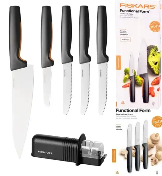 FISKARS FUNCTIONAL FORM 1057557+1057562 Komplet 5 noży kuchennych (2+3) w pudełkach + ostrzałka ESSENTIAL
