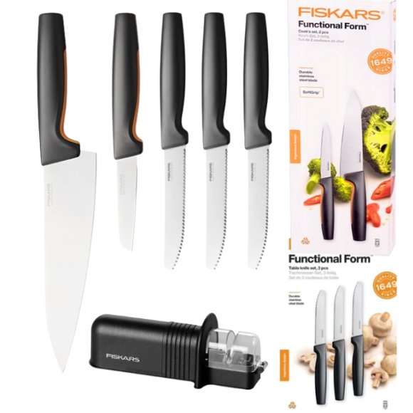 FISKARS FUNCTIONAL FORM 1057557+1057562 Komplet 5 noży kuchennych (2+3) w pudełkach + ostrzałka ESSENTIAL