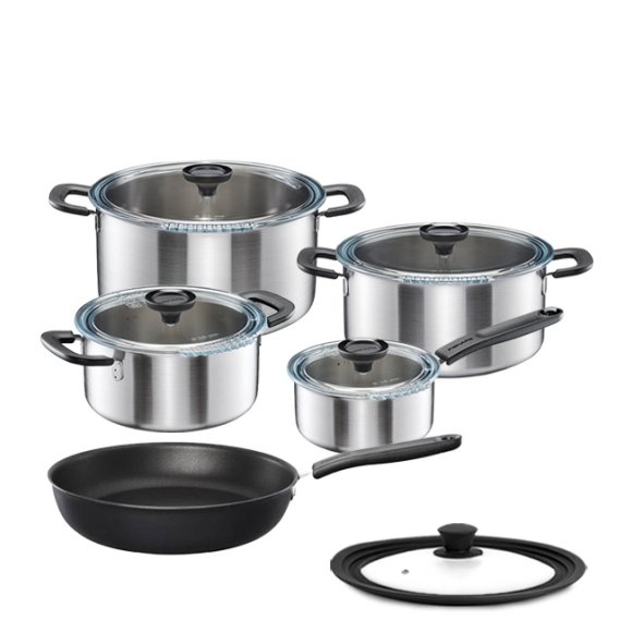 FISKARS FUNCTIONAL FORM Komplet garnki z pokrywkami 8 el + Patelnia KITCH'N 28 cm + pokrywka silikonowa