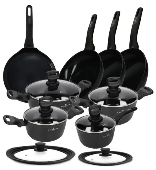 ZWIEGER STIGA Komplet Garnki 8 el + Patelnie 20, 24, 28 cm + naleśnikowa +pokrywki silikonowe | aluminium | powłoka ceramiczna | indukcja