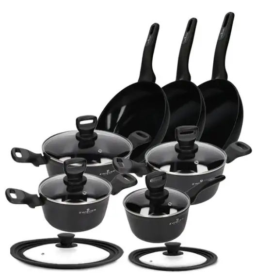 ZWIEGER STIGA Komplet Garnki 8 el + Patelnie 20, 24, 28 cm + pokrywki silikonowe | aluminium | powłoka ceramiczna | indukcja