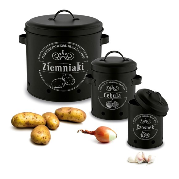 TADAR Zestaw trzech kuchennych pojemników do przechowywania / ziemniaki, cebula, czosnek