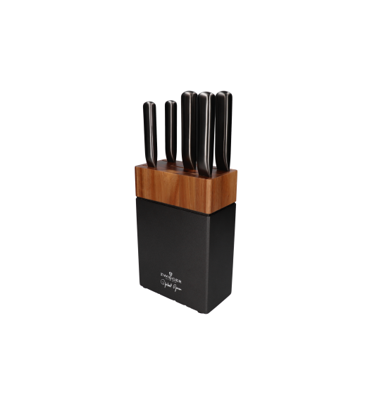 ZWIEGER DARQUE Komplet 5 noży w bloku drewnianym / stal nierdzewna + ostrzałka TADAR