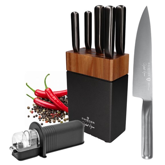 ZWIEGER DARQUE Komplet 5 noży w bloku drewnianym / stal nierdzewna + ostrzałka TADAR