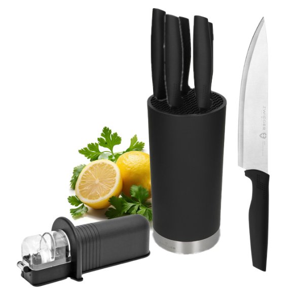 ZWIEGER VIRTU Komplet 5 noży kuchennych w czarnym bloku / stal nierdzewna + tworzywo PP + Ostrzałka TADAR