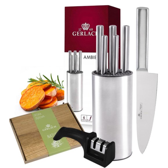 GERLACH AMBIENTE STAL | Komplet 5 noży w bloku stalowym | stal nierdzewna X30Cr13 + deska Natur 30 x 24 cm + ostrzałka 2w1