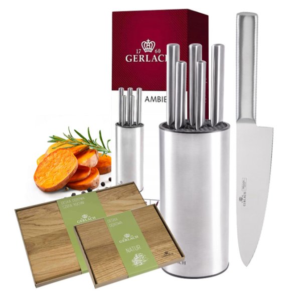 GERLACH AMBIENTE STAL | Komplet 5 noży w bloku stalowym | stal nierdzewna X30Cr13 + komplet desek dębowych 30 + 40 cm 